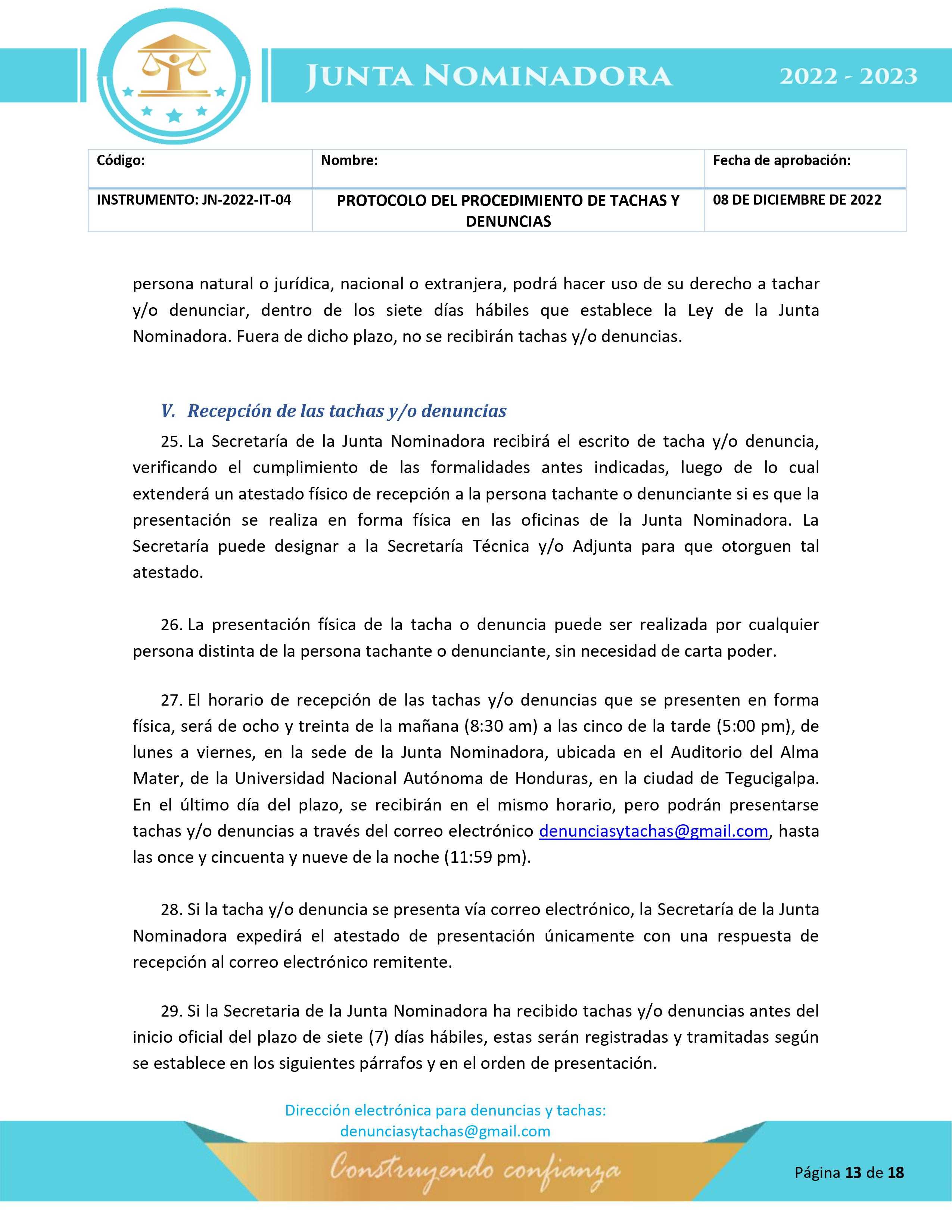 Protocolo para la etapa de tachas y denuncias